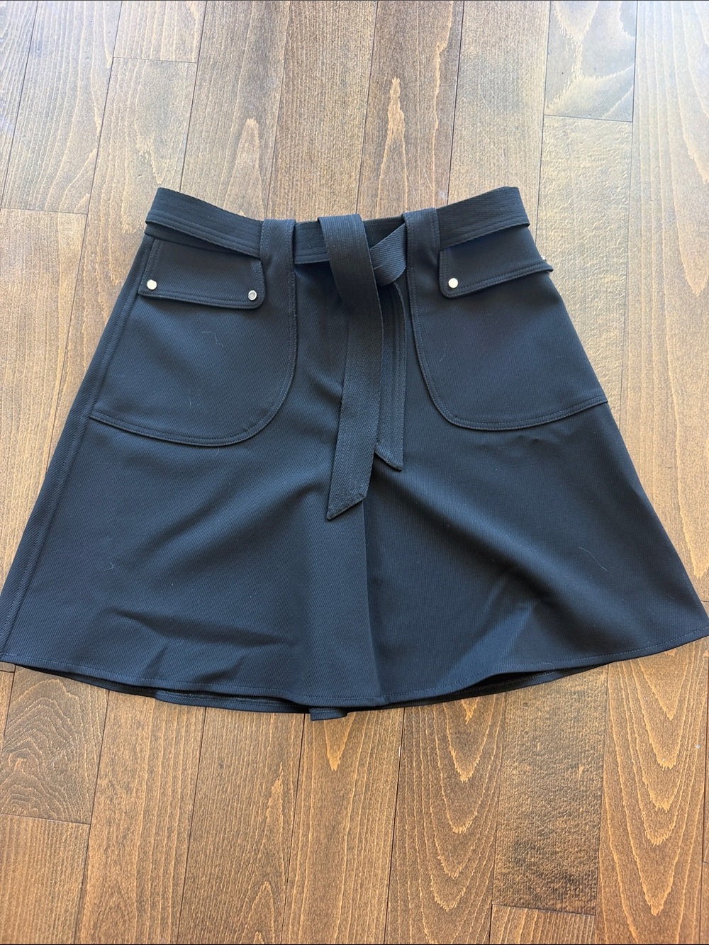 Maje Jelsi Pocket-detail Crepe Black Mini Skirt with Zipper and Tie Belt Size 3